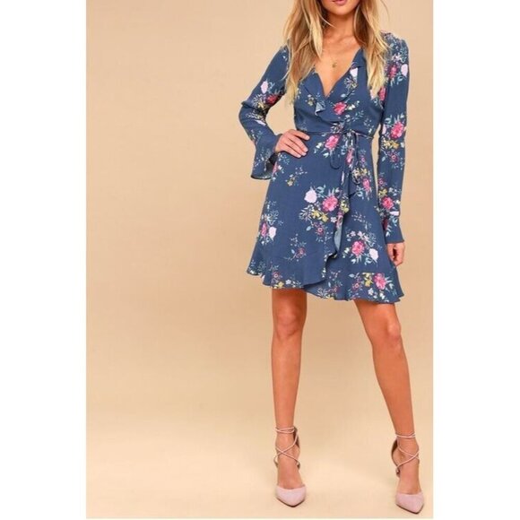 Lulus Dresses & Skirts - Lulus Dress Womens Medium Blue Floral Ruffle Wrap Romantic Flirty Feminine Boho